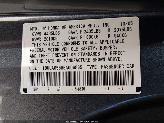 45633602 :رقم المزاد ، 19UUA65586A006865 vin ، 2006 Acura Tl مزاد بيع