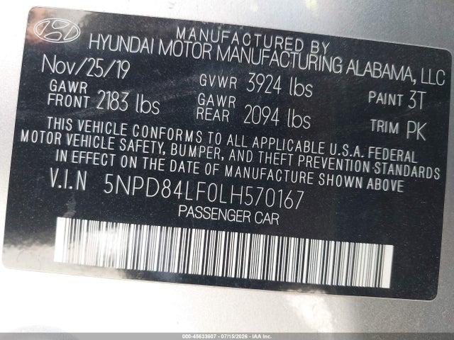5NPD84LF0LH570167 Hyundai ELANTRA SEL