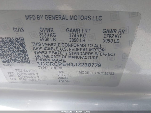 45633610 :رقم المزاد ، 1GCRCPEH1JZ238779 vin ، 2018 Chevrolet Silverado 1500 Custom مزاد بيع