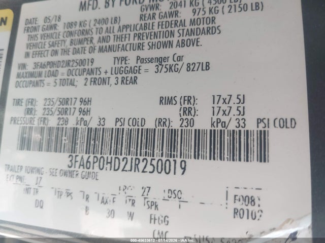 Ford FUSION SE 2018 3FA6P0HD2JR250019 Image 9