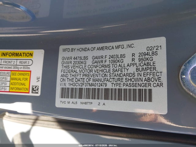 1HGCV2F37MA012479 Honda Accord Sport 2.0t