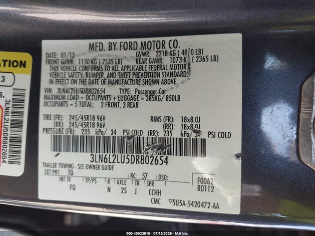 45633616 :رقم المزاد ، 3LN6L2LU5DR802654 vin ، 2013 Lincoln Mkz Hybrid مزاد بيع