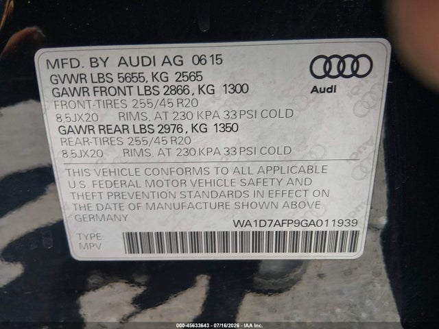 Aukcja sprzedaży 2016 Audi Q5 3.0t Premium Plus, vin: WA1D7AFP9GA011939, numer aukcji: 45633643