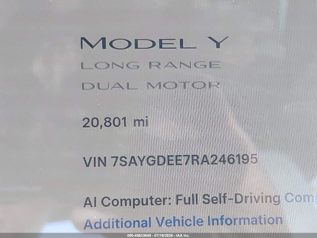 7SAYGDEE7RA246195 Tesla Model Y Long Range Dual Motor All-wheel Drive