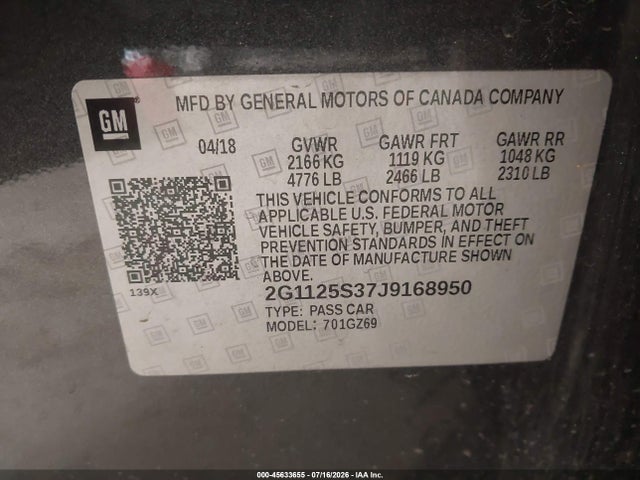 Aukcja sprzedaży 2018 Chevrolet Impala 2lz, vin: 2G1125S37J9168950, numer aukcji: 45633655