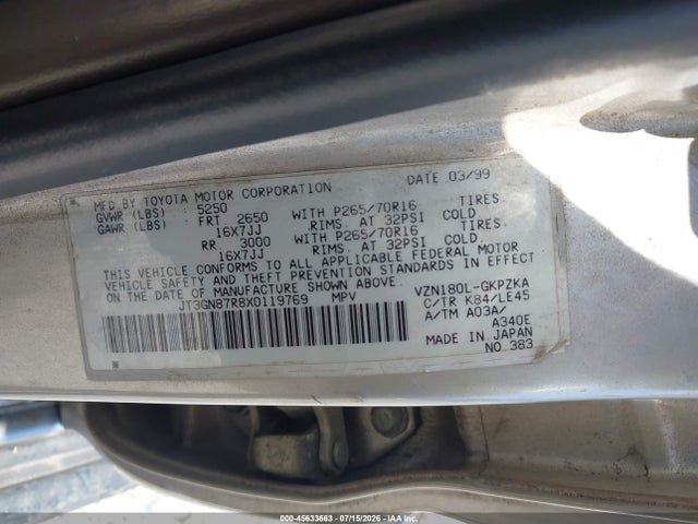 45633663 :رقم المزاد ، JT3GN87R8X0119769 vin ، 1999 Toyota 4runner Limited V6 مزاد بيع