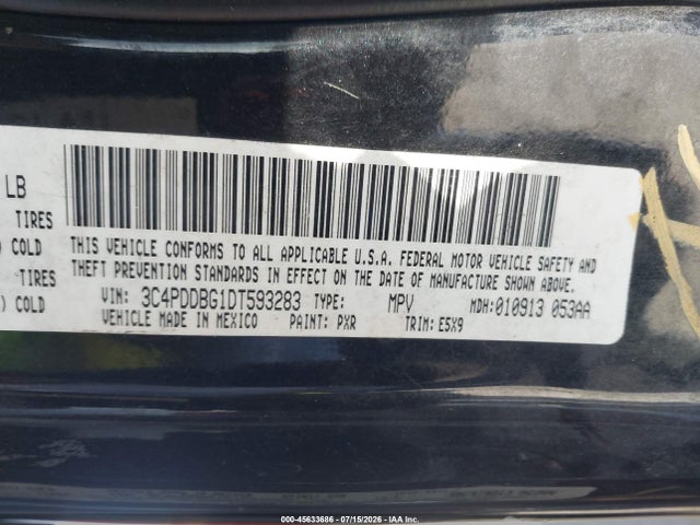 2013 Dodge Journey Sxt მანქანა იყიდება აუქციონზე, vin: 3C4PDDBG1DT593283, აუქციონის ნომერი: 45633686