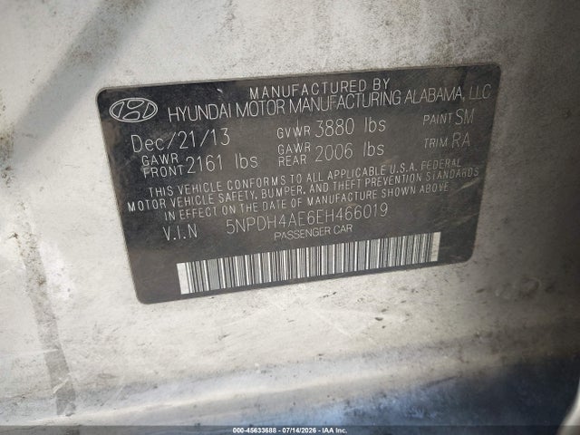 5NPDH4AE6EH466019 Hyundai ELANTRA SE