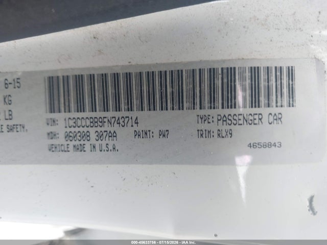 Продаж на аукціоні авто 2015 Chrysler 200 S, vin: 1C3CCCBB9FN743714, номер лоту: 45633756