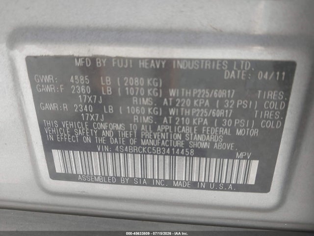 Aukcja sprzedaży 2011 Subaru Outback 2.5i Limited, vin: 4S4BRCKC5B3414458, numer aukcji: 45633809