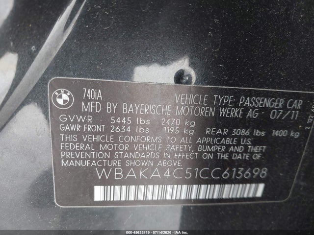 Продаж на аукціоні авто 2012 Bmw 740i, vin: WBAKA4C51CC613698, номер лоту: 45633819