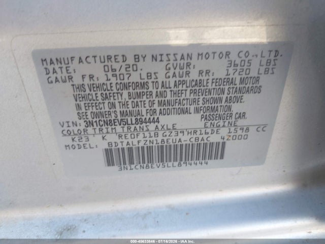 2020 Nissan Versa Sv Xtronic Cvt მანქანა იყიდება აუქციონზე, vin: 3N1CN8EV5LL894444, აუქციონის ნომერი: 45633846