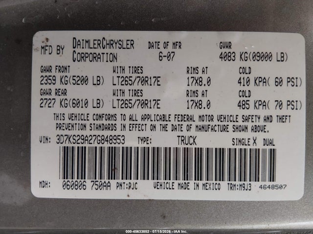 2007 Dodge Ram 2500 Slt მანქანა იყიდება აუქციონზე, vin: 3D7KS29A27G848953, აუქციონის ნომერი: 45633852