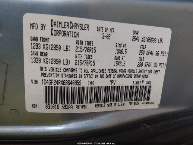 45633890 :رقم المزاد ، 1D4GP24RX6B640859 vin ، 2006 Dodge Grand Caravan Se مزاد بيع