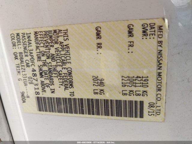 45633906 :رقم المزاد ، 1N4AL3AP0FC487318 vin ، 2015 Nissan Altima 2.5 S مزاد بيع