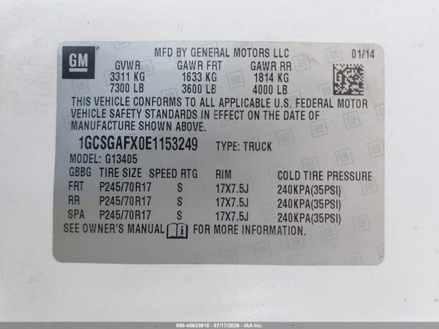 2014 Chevrolet Express 1500 Work Van მანქანა იყიდება აუქციონზე, vin: 1GCSGAFX0E1153249, აუქციონის ნომერი: 45633918