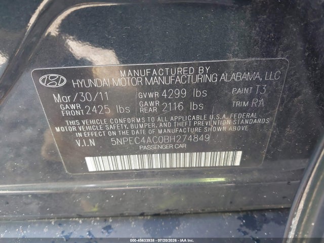 Aukcja sprzedaży 2011 Hyundai Sonata Se, vin: 5NPEC4AC0BH274849, numer aukcji: 45633938