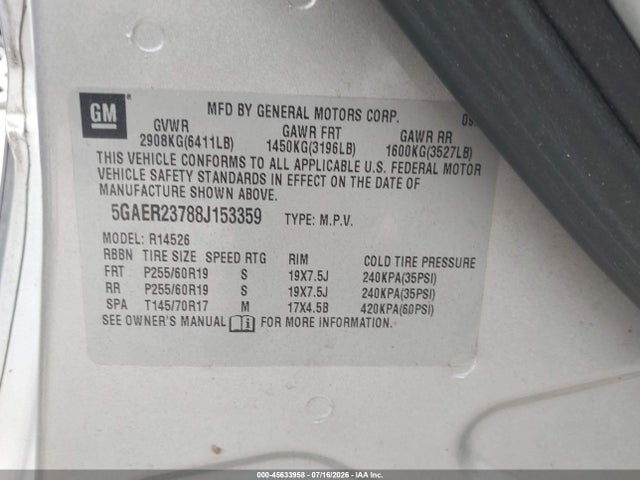 Продаж на аукціоні авто 2008 Buick Enclave Cxl, vin: 5GAER23788J153359, номер лоту: 45633958