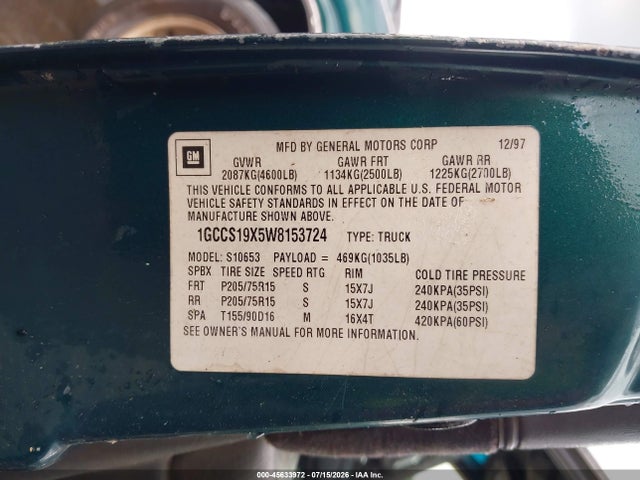 Продаж на аукціоні авто 1998 Chevrolet S-10 Ls Fleetside, vin: 1GCCS19X5W8153724, номер лоту: 45633972