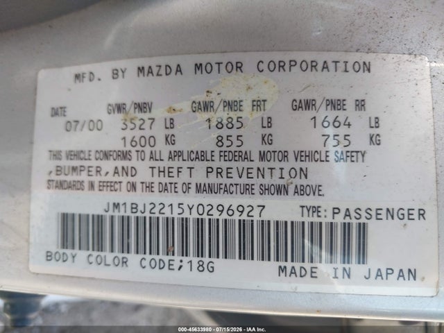 2000 Mazda Protege Es მანქანა იყიდება აუქციონზე, vin: JM1BJ2215Y0296927, აუქციონის ნომერი: 45633980