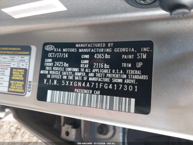 2015 Kia Optima Ex მანქანა იყიდება აუქციონზე, vin: 5XXGN4A71FG417301, აუქციონის ნომერი: 45633990