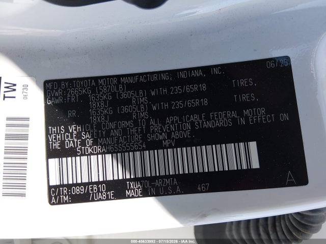 5TDKDRAH6SS555654 Toyota Highlander Xle