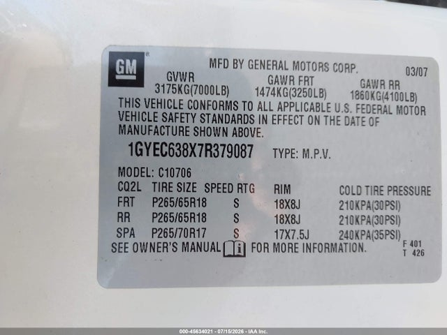 Продаж на аукціоні авто 2007 Cadillac Escalade Standard, vin: 1GYEC638X7R379087, номер лоту: 45634021