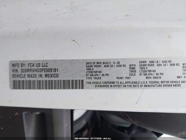 Auction sale of the 2023 Ram Promaster 3500 High Roof 159 Wb, vin: 3C6MRVHG0PE509181, lot number: 45634024