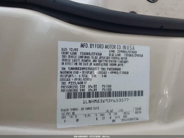 Продажа на аукционе авто 2003 Lincoln Town Car Cartier, vin: 1LNHM83W93Y653577, номер лота: 45634052