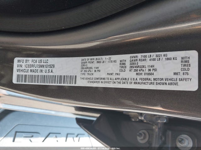 Aukcja sprzedaży 2022 Ram 1500 Laramie  4x4 5'7 Box, vin: 1C6SRFJT5NN101529, numer aukcji: 45634059
