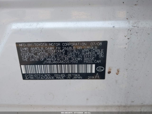 Aukcja sprzedaży 2008 Lexus Es 350, vin: JTHBJ46G482267593, numer aukcji: 45634075