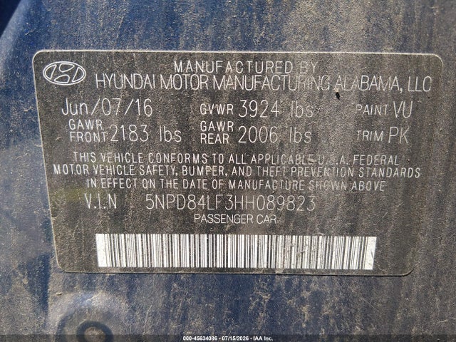 2017 Hyundai Elantra Se მანქანა იყიდება აუქციონზე, vin: 5NPD84LF3HH089823, აუქციონის ნომერი: 45634086