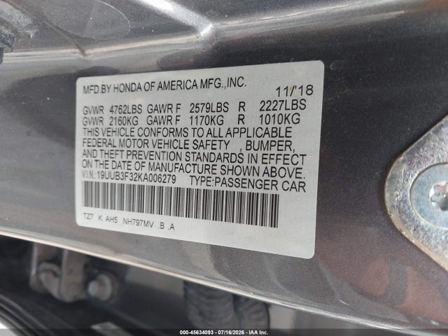 45634093 :رقم المزاد ، 19UUB3F32KA006279 vin ، 2019 Acura Tlx Standard مزاد بيع