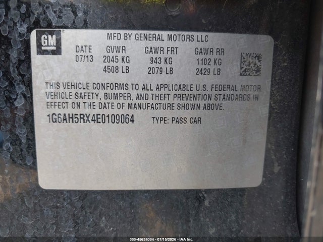 2014 Cadillac Ats Luxury მანქანა იყიდება აუქციონზე, vin: 1G6AH5RX4E0109064, აუქციონის ნომერი: 45634094