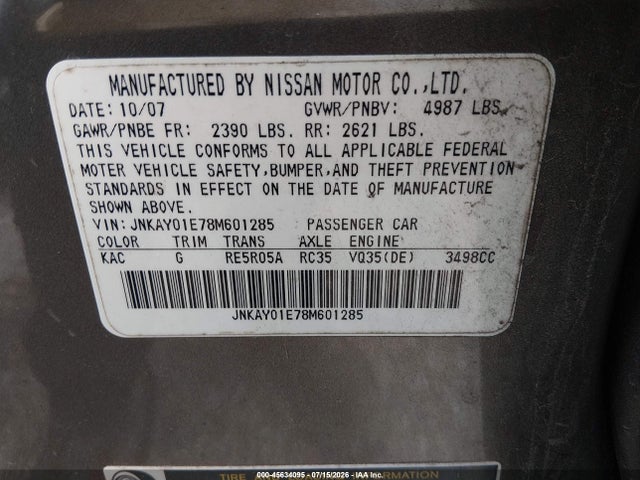 Продажа на аукционе авто 2008 Infiniti M35, vin: JNKAY01E78M601285, номер лота: 45634095