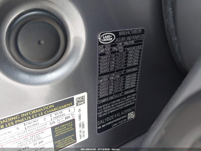 45634100 :رقم المزاد ، SALYB2EXXLA289877 vin ، 2020 Land Rover Range Rover Velar P250 S مزاد بيع