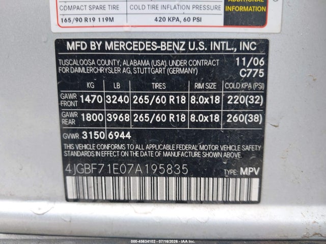 Продаж на аукціоні авто 2007 Mercedes-benz Gl 450 4matic, vin: 4JGBF71E07A195835, номер лоту: 45634102