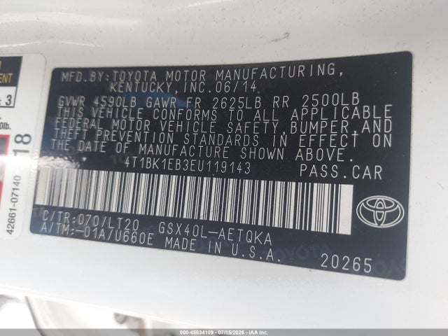 4T1BK1EB3EU119143 Toyota Avalon Xle Touring