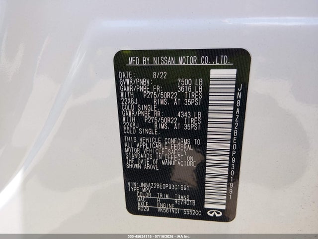 Aukcja sprzedaży 2023 Infiniti Qx80 Sensory Awd, vin: JN8AZ2BE0P9301991, numer aukcji: 45634115