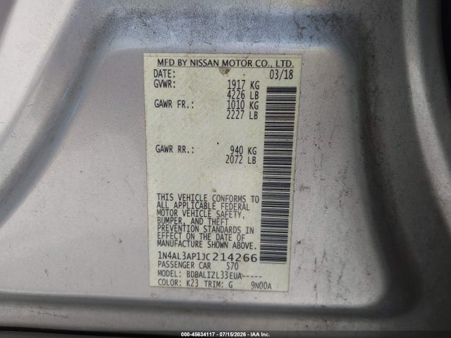 1N4AL3AP1JC214266 Nissan Altima 2.5 Sv
