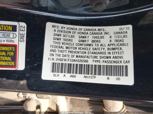 Продаж на аукціоні авто 2010 Honda Civic Lx, vin: 2HGFA1F53AH326566, номер лоту: 45634119