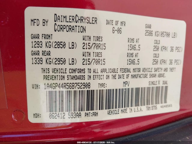 Продажа на аукционе авто 2006 Chrysler Town & Country Lx, vin: 1A4GP44R56B752908, номер лота: 45634135