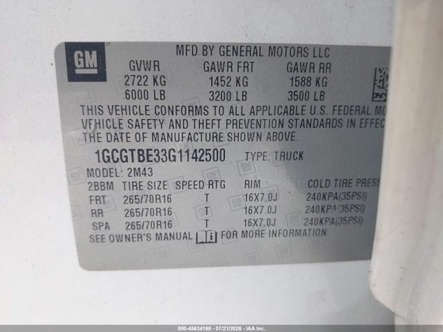 1GCGTBE33G1142500 Chevrolet Colorado 4wd Wt