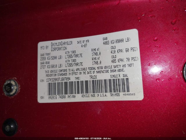 Продаж на аукціоні авто 2007 Dodge Ram 2500 Slt/trx4 Off Road/sport/power Wagon, vin: 1D7KS28A37J607094, номер лоту: 45634193