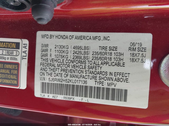 Auction sale of the 2019 Honda Cr-v Ex, vin: 5J6RW2H52KL017136, lot number: 45634196