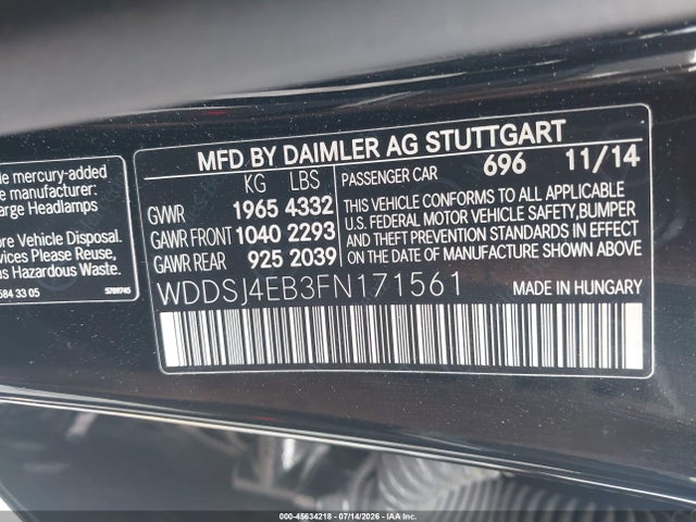 2015 Mercedes-benz Cla 250 მანქანა იყიდება აუქციონზე, vin: WDDSJ4EB3FN171561, აუქციონის ნომერი: 45634218