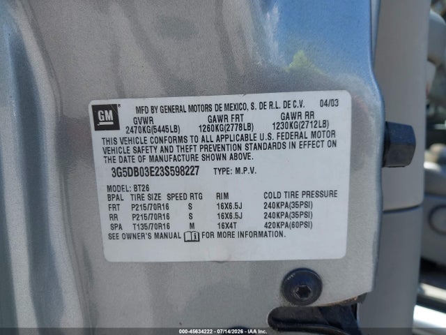 2003 Buick Rendezvous Cxl მანქანა იყიდება აუქციონზე, vin: 3G5DB03E23S598227, აუქციონის ნომერი: 45634222