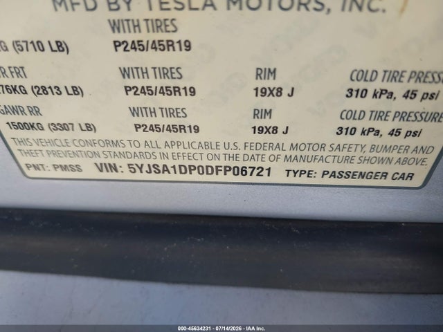 45634231 :رقم المزاد ، 5YJSA1DP0DFP06721 vin ، 2013 Tesla Model S Performance مزاد بيع