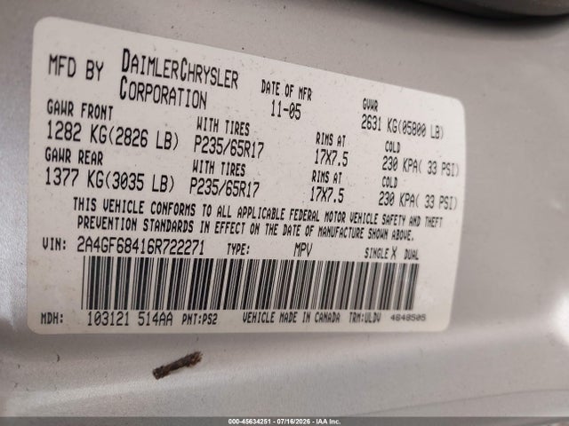 Продажа на аукционе авто 2006 Chrysler Pacifica Touring, vin: 2A4GF68416R722271, номер лота: 45634251
