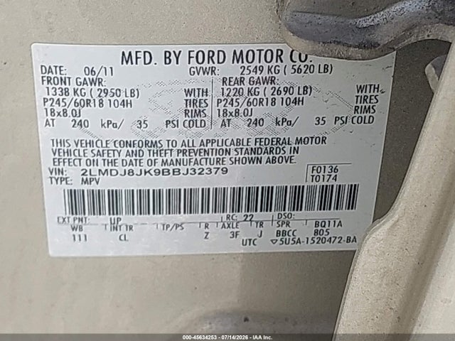 45634253 :رقم المزاد ، 2LMDJ8JK9BBJ32379 vin ، 2011 Lincoln Mkx مزاد بيع